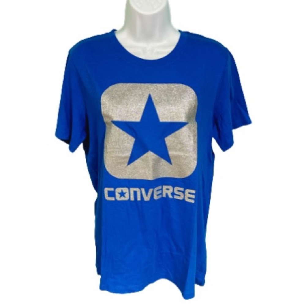 NWT Converse Blue & Silver Sparkle Logo Short Sleeve Graphic Tee Womens Size L